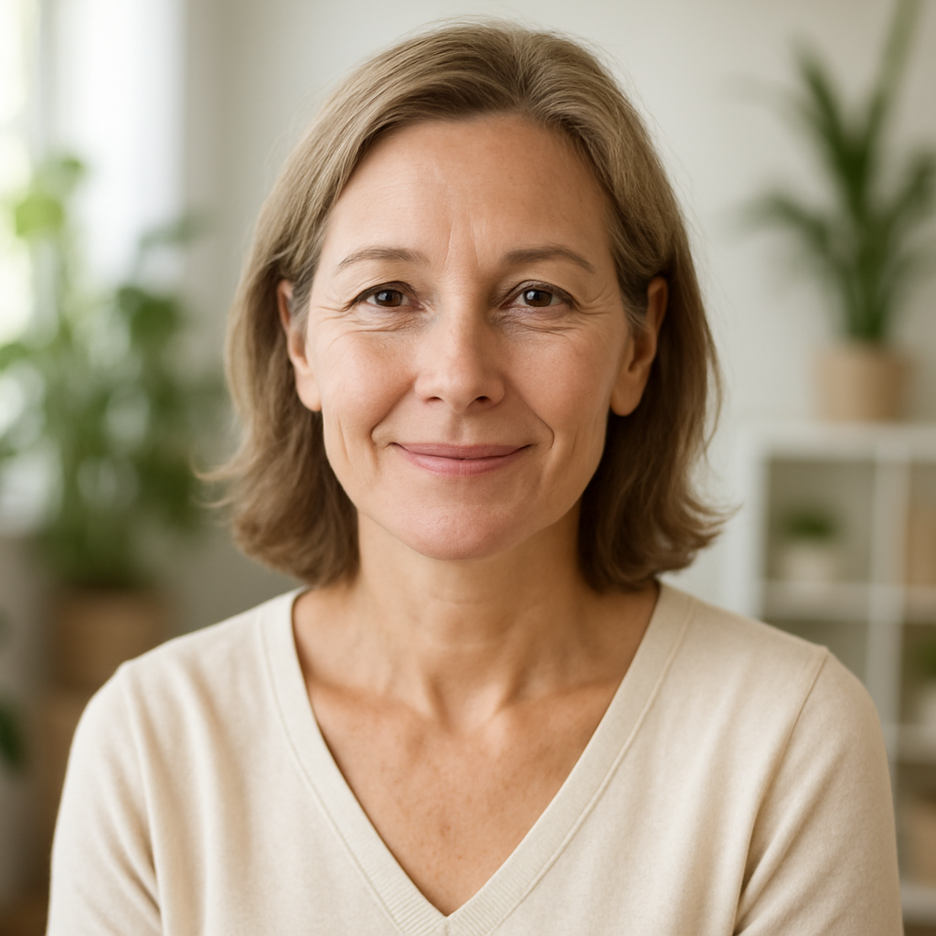 Mulher entre 45-55 anos sorrindo com serenidade